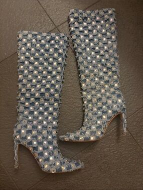 Embellished Denim Knee-High Stiletto Boots - Blue